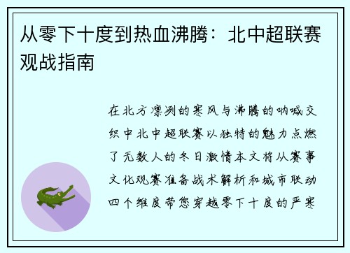 从零下十度到热血沸腾：北中超联赛观战指南
