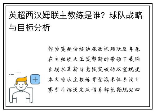 英超西汉姆联主教练是谁？球队战略与目标分析
