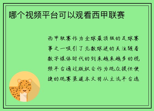 哪个视频平台可以观看西甲联赛