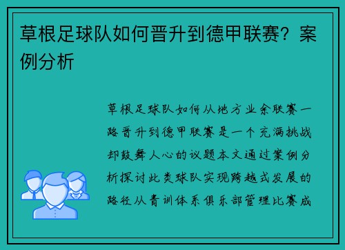 草根足球队如何晋升到德甲联赛？案例分析